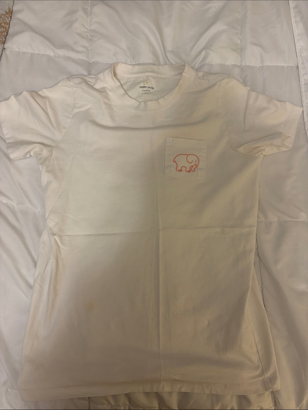 ivory ella Creme Tee with Coral Pocket Elephant